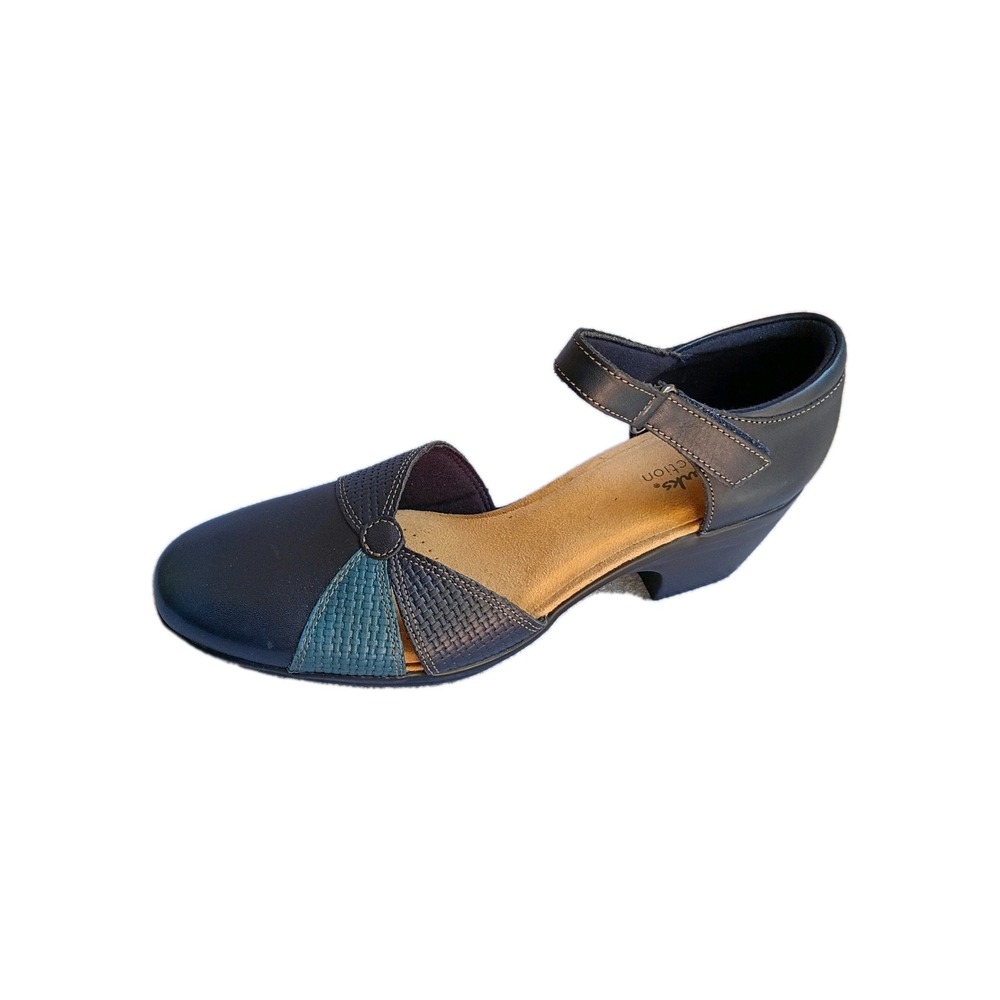Clarks Womens Emily Rae Navy Blue Leather Ankle Strap Low Pumps Heels Size 9 N
